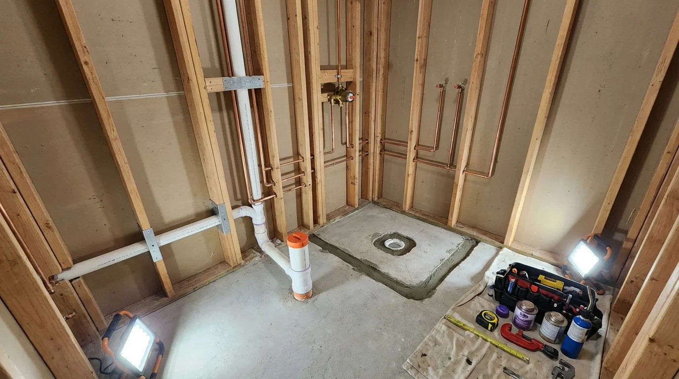 Bathroom rough-in plumbing during remodel by Johns Plumbing LLC in Aplington