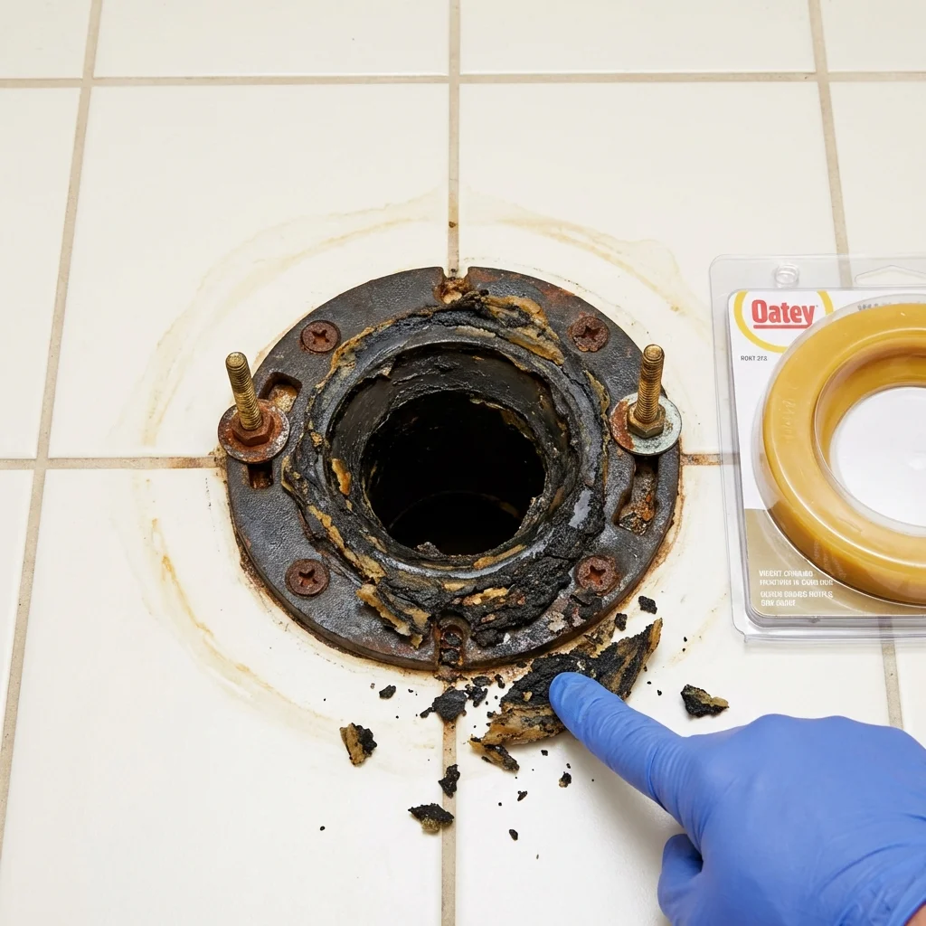 Failed wax ring showing water seepage at the base of a toilet in a Aplington, IA home